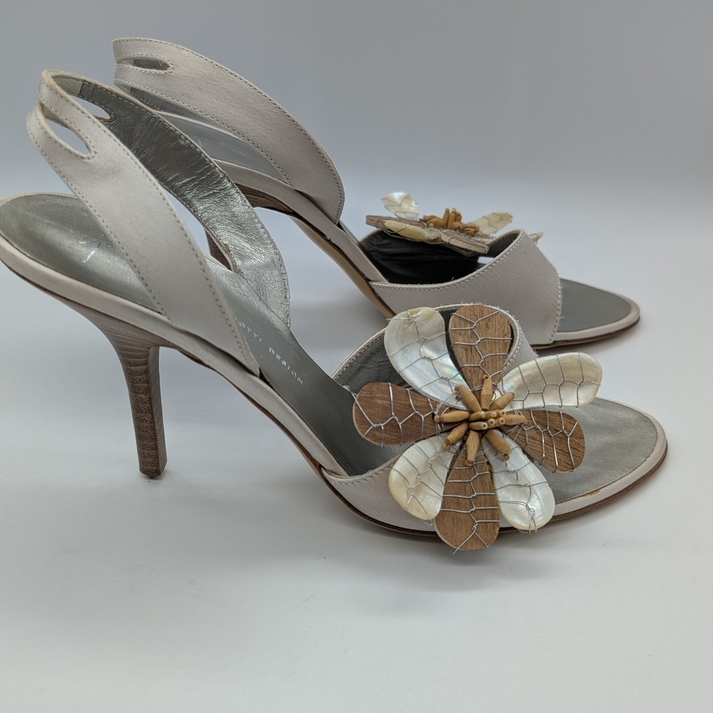 Vicini Cream and Brown Heels with Floral Accents